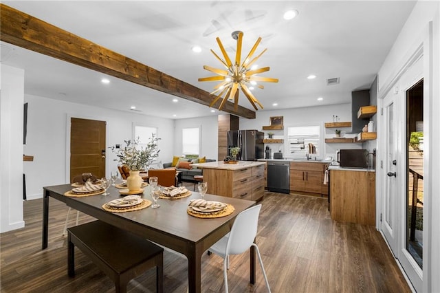 dining space featuring recessed lighting, plenty of natural light, visible vents, and dark wood finished floors