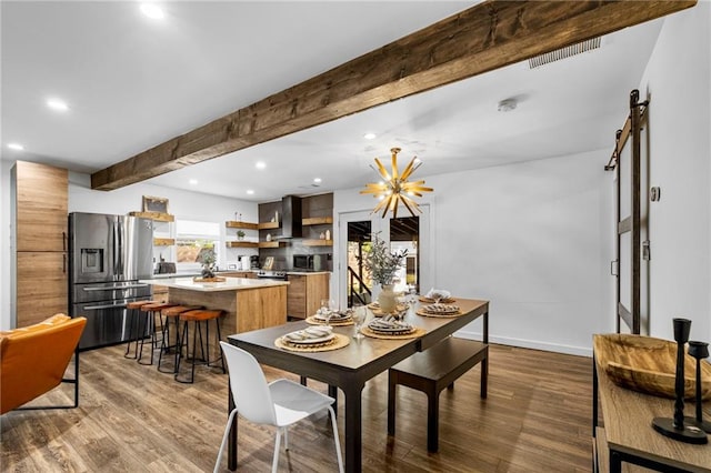 dining room with baseboards, recessed lighting, visible vents, beamed ceiling, and wood finished floors