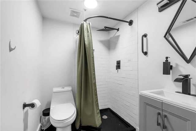 full bathroom with visible vents, toilet, a stall shower, and vanity