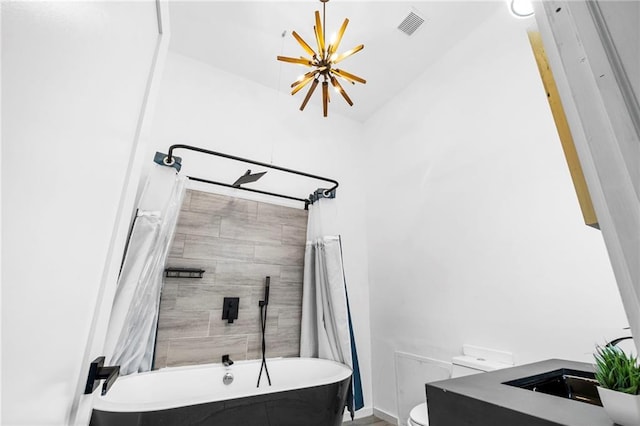 bathroom with toilet, a bathing tub, a shower with shower curtain, and visible vents