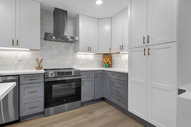 kitchen featuring wall chimney range hood, appliances with stainless steel finishes, gray cabinetry, light countertops, and backsplash