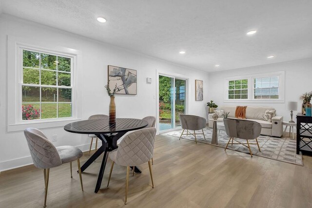 dining area featuring recessed lighting, wood finished floors, and baseboards