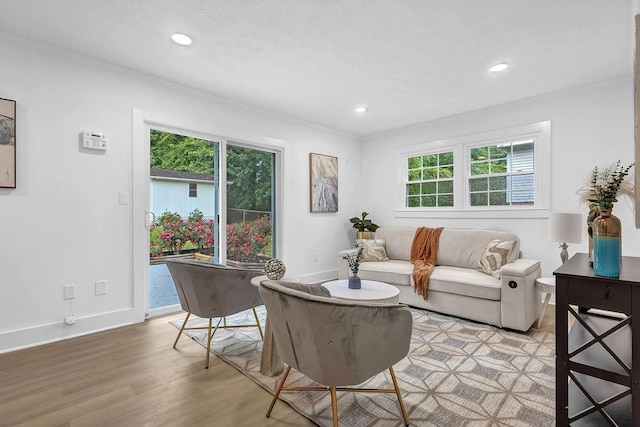 living room featuring a healthy amount of sunlight, recessed lighting, baseboards, and light wood-style floors
