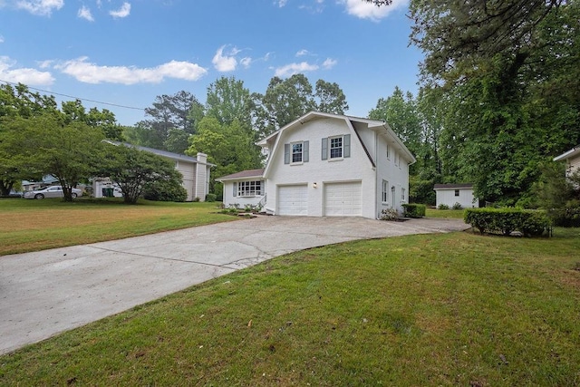 view of home's exterior featuring driveway, a lawn, and a garage