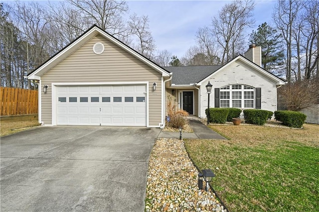 ranch-style house featuring an attached garage, brick siding, fence, driveway, and a chimney