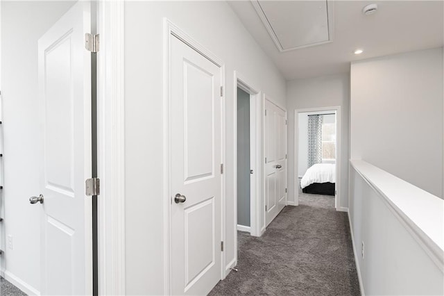 528 Aberdeen Mdw, Acworth, GA 30102 - hall featuring dark carpet, baseboards, attic access, and recessed lighting