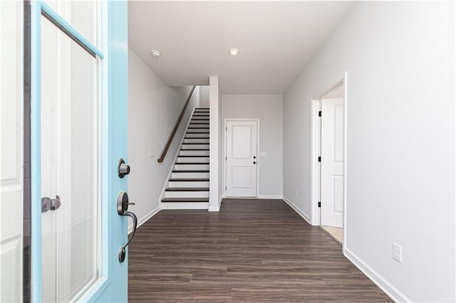 528 Aberdeen Mdw, Acworth, GA 30102 - interior space with stairway, baseboards, and dark wood-style flooring