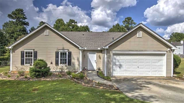 ranch-style home with a garage and a front yard