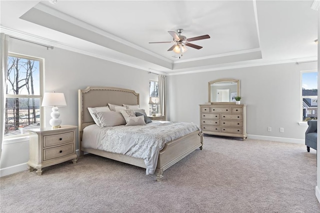 bedroom with light carpet, multiple windows, and a raised ceiling