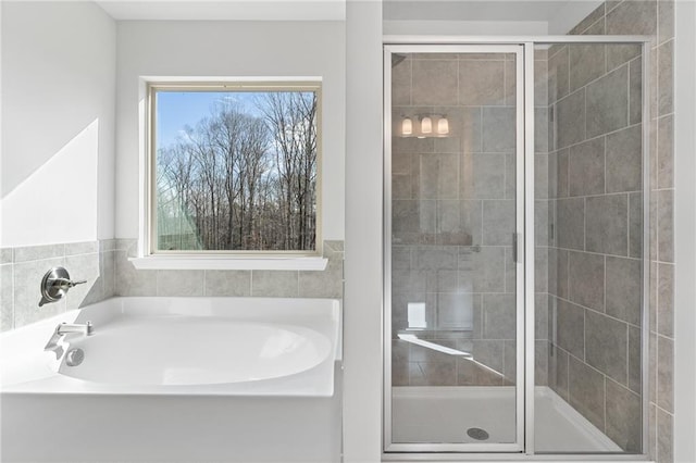 bathroom with a garden tub and a shower stall