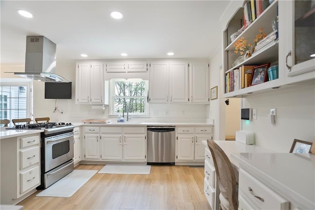 4086 Norton Pl SE, Smyrna, GA 30082 - kitchen featuring island exhaust hood, light countertops, white cabinetry, stainless steel appliances, and a sink