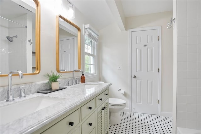 4086 Norton Pl SE, Smyrna, GA 30082 - bathroom with toilet, tiled shower, double vanity, and a sink