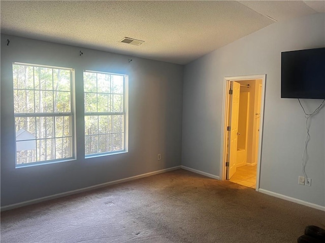 spare room with light carpet, a textured ceiling, and vaulted ceiling