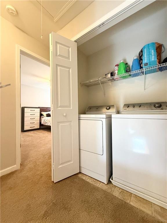 602 Summer Pl, Norcross, GA 30071 - washroom with washing machine and clothes dryer, light colored carpet, and attic access