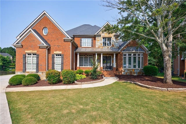 652 Pathview Ct, Dacula, GA 30019 - view of front of property featuring brick siding, a front lawn, and covered porch