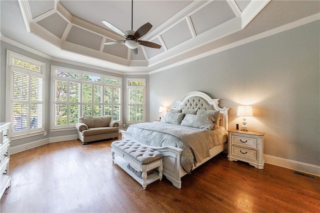 652 Pathview Ct, Dacula, GA 30019 - bedroom with ornamental molding, baseboards, coffered ceiling, dark wood-style flooring, and ceiling fan