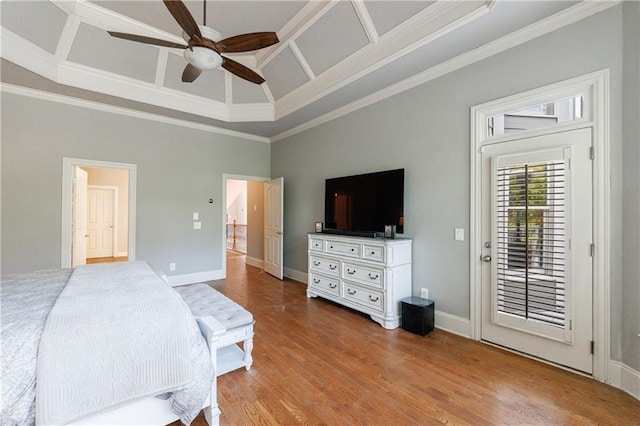652 Pathview Ct, Dacula, GA 30019 - bedroom featuring access to outside, wood finished floors, baseboards, a high ceiling, and ornamental molding
