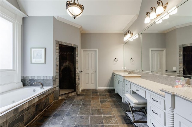 652 Pathview Ct, Dacula, GA 30019 - bathroom with stone tile floors, a whirlpool tub, double vanity, ornamental molding, and a tile shower