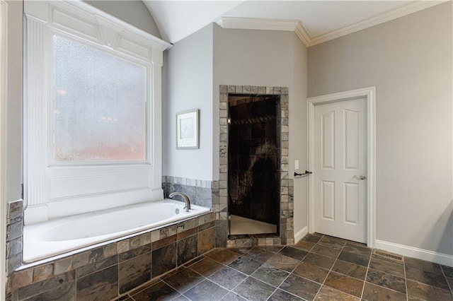 652 Pathview Ct, Dacula, GA 30019 - full bathroom featuring a garden tub, a shower stall, stone tile floors, baseboards, and crown molding