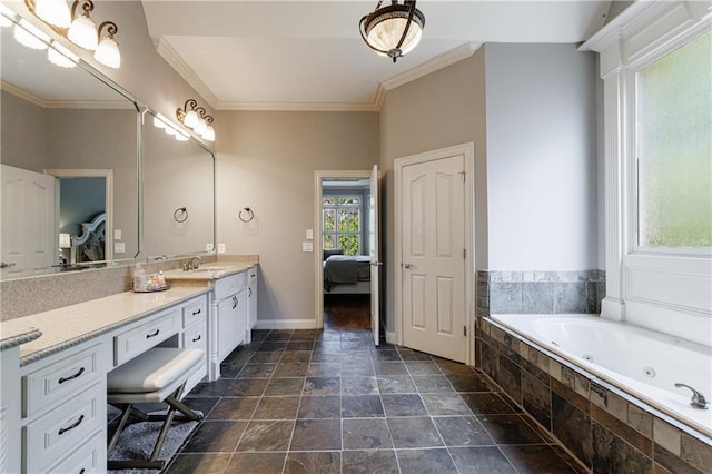 652 Pathview Ct, Dacula, GA 30019 - ensuite bathroom featuring vanity, a tub with jets, ornamental molding, stone finish floors, and baseboards