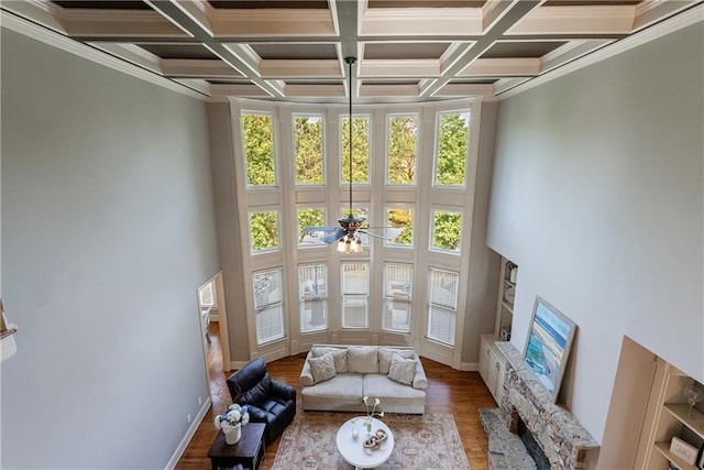 652 Pathview Ct, Dacula, GA 30019 - living area featuring plenty of natural light, coffered ceiling, wood finished floors, crown molding, and beam ceiling