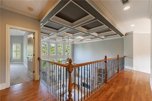 652 Pathview Ct, Dacula, GA 30019 - corridor featuring wood finished floors, beam ceiling, crown molding, baseboards, and coffered ceiling