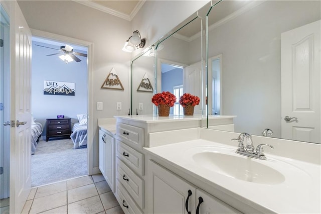 652 Pathview Ct, Dacula, GA 30019 - full bathroom featuring connected bathroom, crown molding, double vanity, tile patterned floors, and a ceiling fan