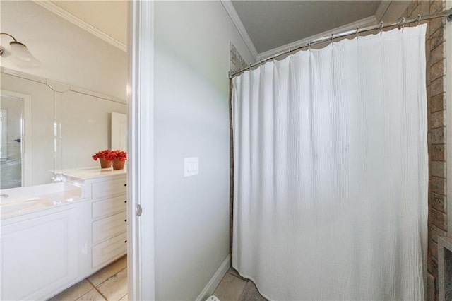 652 Pathview Ct, Dacula, GA 30019 - full bath featuring ornamental molding, vanity, tile patterned flooring, and a shower with shower curtain