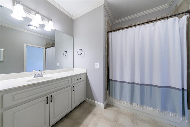 652 Pathview Ct, Dacula, GA 30019 - bathroom featuring vanity, ornamental molding, a shower with curtain, and baseboards