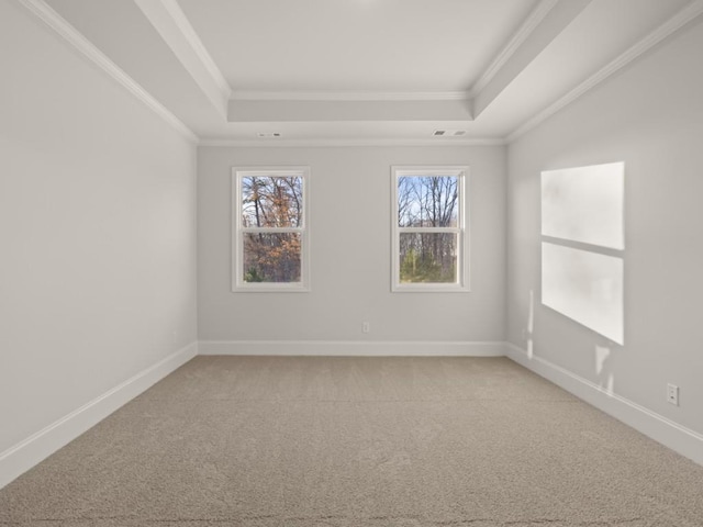 carpeted empty room with ornamental molding and a tray ceiling