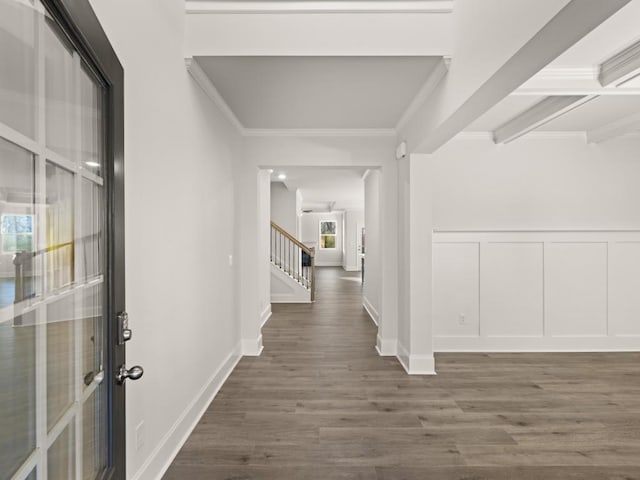 corridor with crown molding, dark hardwood / wood-style floors, a wealth of natural light, and beam ceiling