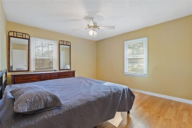 bedroom featuring light wood-type flooring and ceiling fan