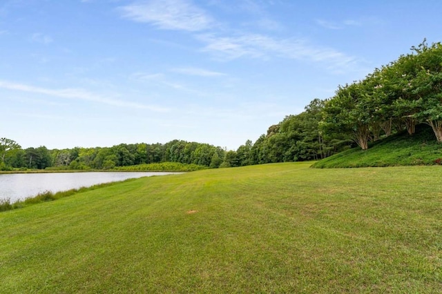 view of community featuring a lawn and a water view