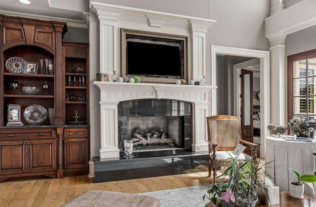 living room featuring crown molding, a fireplace, and light hardwood / wood-style flooring