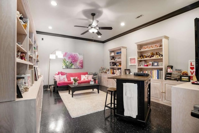 interior space featuring built in shelves, ceiling fan, and ornamental molding