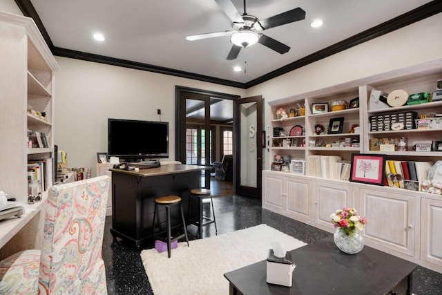 interior space with ceiling fan and crown molding