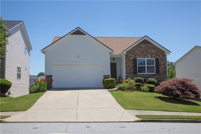 ranch-style house featuring a front yard and a garage