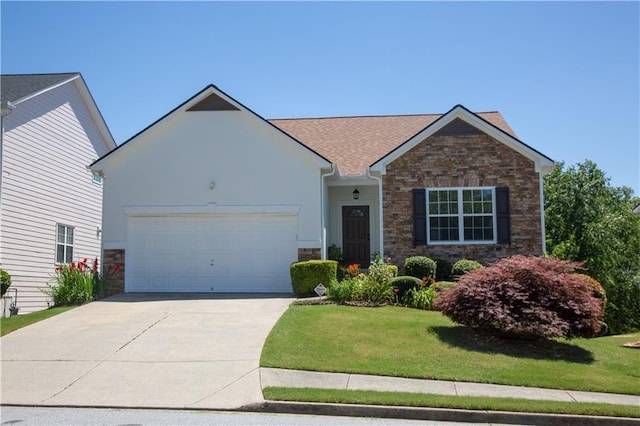 ranch-style home with a front yard and a garage