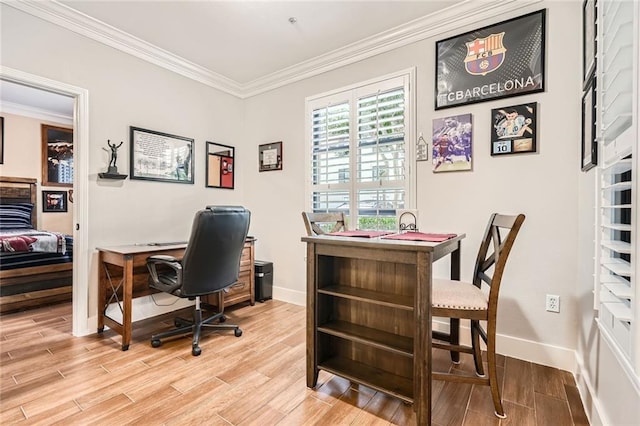 home office featuring baseboards, crown molding, and light wood-type flooring