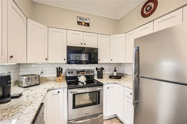 kitchen featuring backsplash, white cabinetry, appliances with stainless steel finishes, and ornamental molding