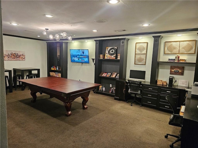 recreation room with ornamental molding, carpet, and recessed lighting