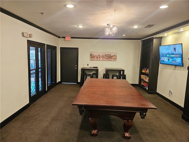 rec room featuring recessed lighting, baseboards, ornamental molding, and dark carpet
