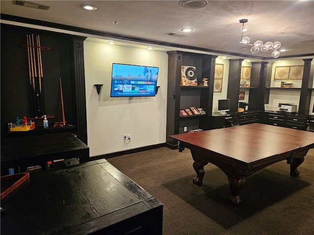 playroom featuring recessed lighting, baseboards, visible vents, and carpet