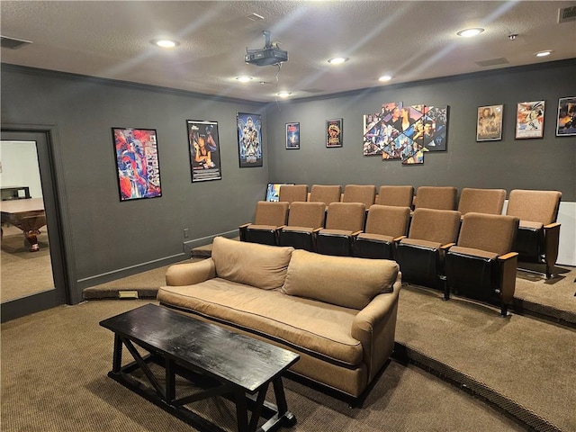 cinema featuring recessed lighting, a textured ceiling, carpet, and visible vents