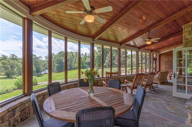 6302 J F Jay Rd, Gainesville, GA 30506 - sunroom / solarium featuring ceiling fan, wooden ceiling, outdoor dining area, stone floors, and view of scattered trees