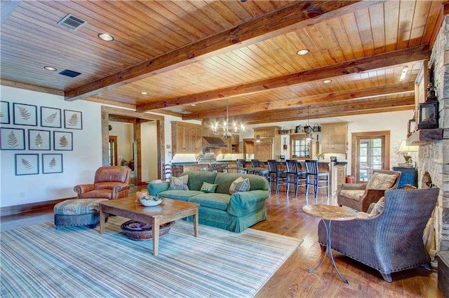 6302 J F Jay Rd, Gainesville, GA 30506 - living room with a chandelier, wood finished floors, wood ceiling with exposed beams, and baseboards