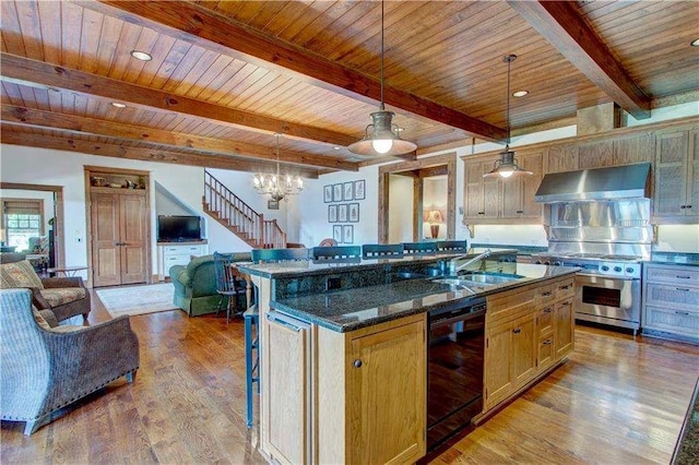 6302 J F Jay Rd, Gainesville, GA 30506 - kitchen featuring dishwasher, wall chimney exhaust hood, high end stainless steel range, open floor plan, and wooden ceiling with exposed beams