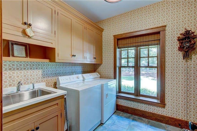 6302 J F Jay Rd, Gainesville, GA 30506 - washroom with washing machine and clothes dryer, wallpapered walls, cabinet space, and baseboards