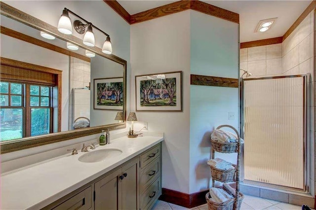 6302 J F Jay Rd, Gainesville, GA 30506 - full bathroom with vanity, a shower stall, tile patterned floors, and baseboards