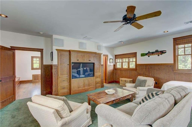 6302 J F Jay Rd, Gainesville, GA 30506 - living area with wainscoting, wood walls, ceiling fan, and recessed lighting
